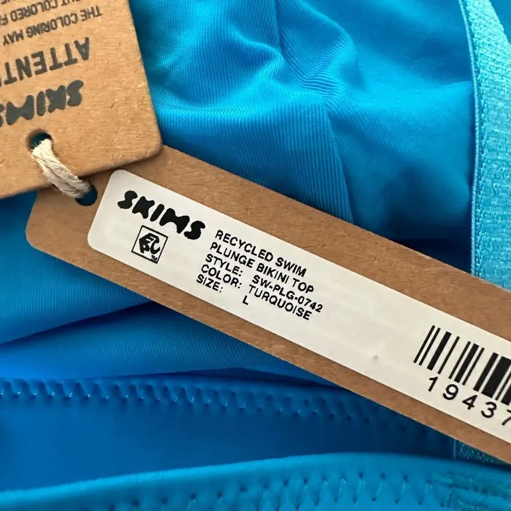 NWT SKIMS Signature Swim Plunge Bikini Top In Turquoise Blue Support Bikini Top